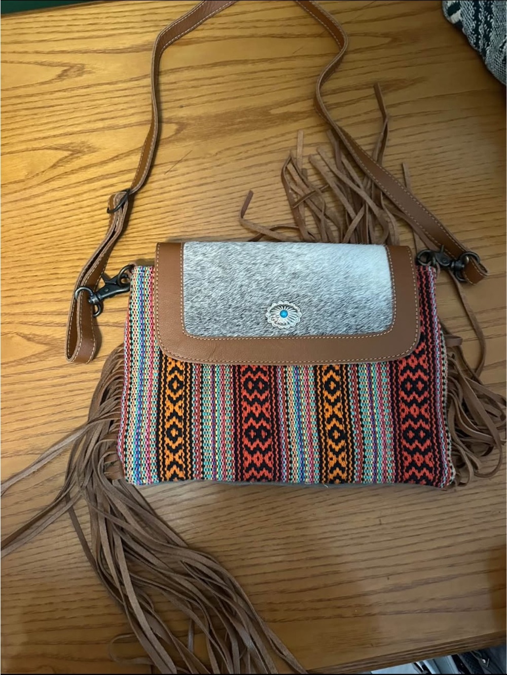 Myra Bag Multicolor Southwestern Weave Crossbody with Tan Fringe